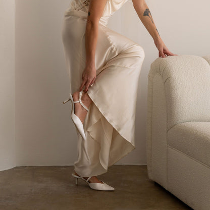 Kamra Pearl True White Satin Mid Heels | Dolce Vita Customer Favorite