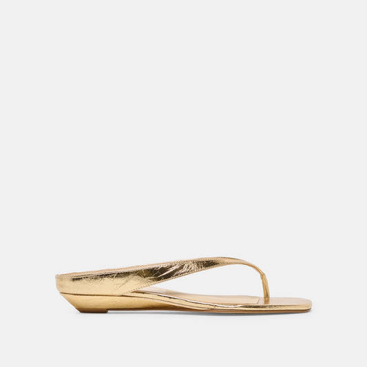 GIZEL Gold Crinkle Patent Thong Square-Toe Sandals | Dolce Vita Signature