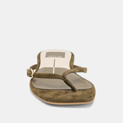 MALTA Dk Olive Suede Buckle Flip-Flop Sandals | Dolce Vita Featured