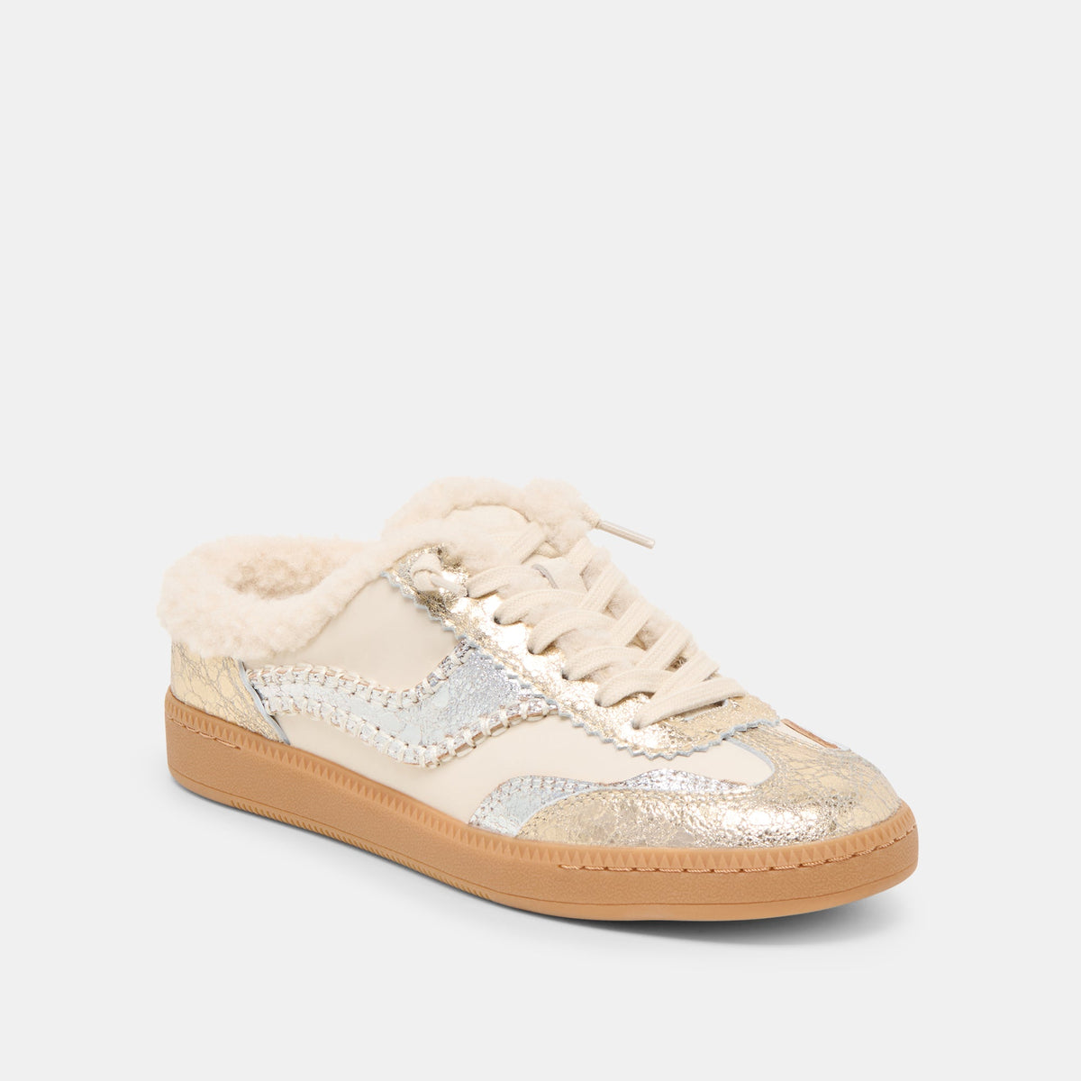 Notice Slide Plush Silver Gold Crackled Leather Sneakers | Dolce Vita Value