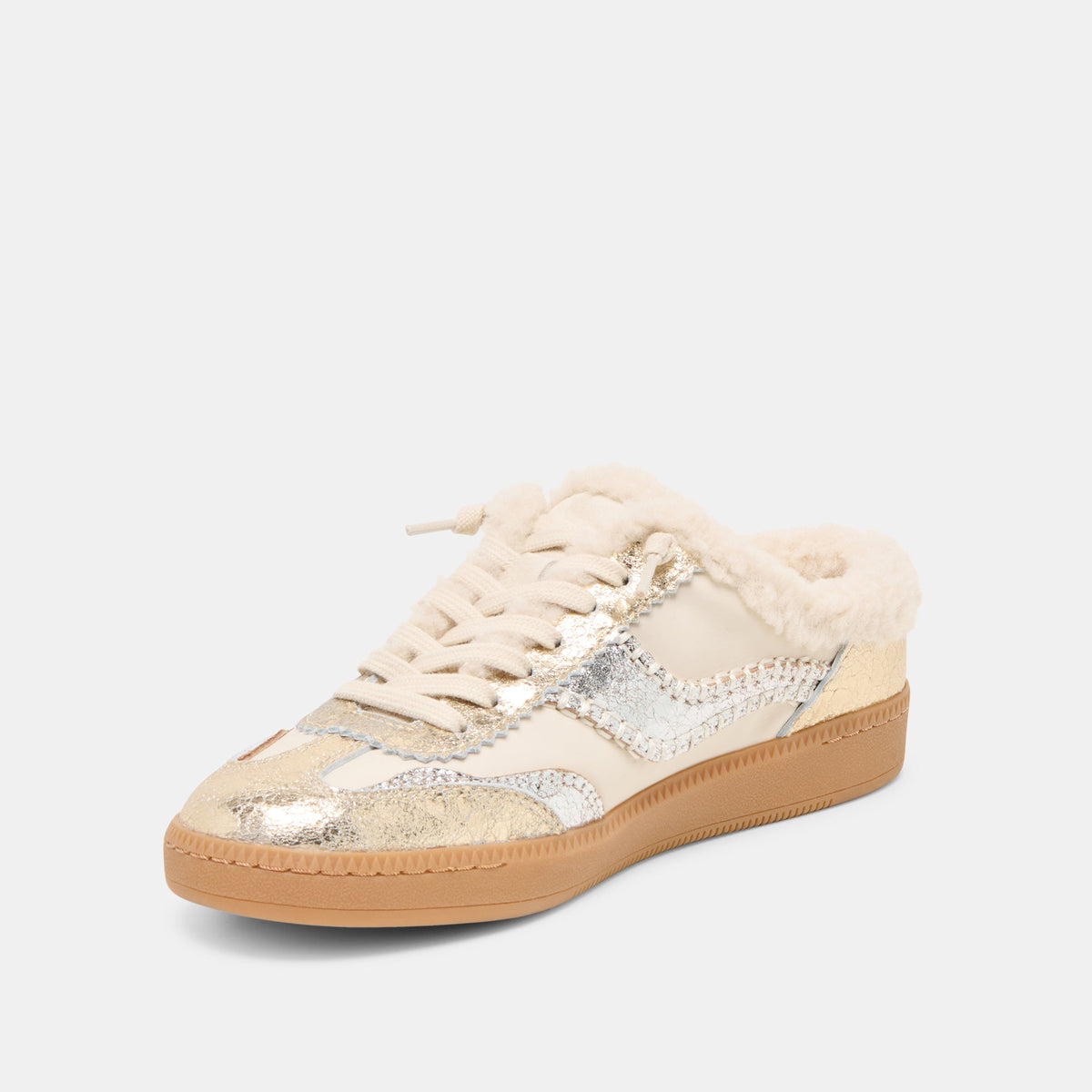 Notice Slide Plush Silver Gold Crackled Leather Sneakers | Dolce Vita Value