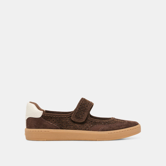 NANET Dk Brown Perforated Suede Mary-Jane Ballet Sneakers | Dolce Vita Premium