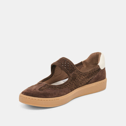 NANET Dk Brown Perforated Suede Mary-Jane Ballet Sneakers | Dolce Vita Premium