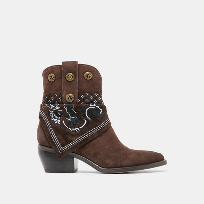 MEKALA Dk Brown Suede Pointed-Toe Ankle Western Boots | Dolce Vita Value