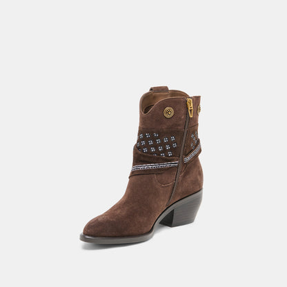 MEKALA Dk Brown Suede Pointed-Toe Ankle Western Boots | Dolce Vita Value