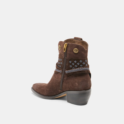 MEKALA Dk Brown Suede Pointed-Toe Ankle Western Boots | Dolce Vita Value