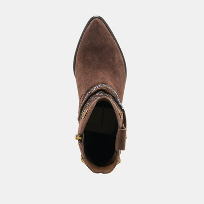 MEKALA Dk Brown Suede Pointed-Toe Ankle Western Boots | Dolce Vita Value