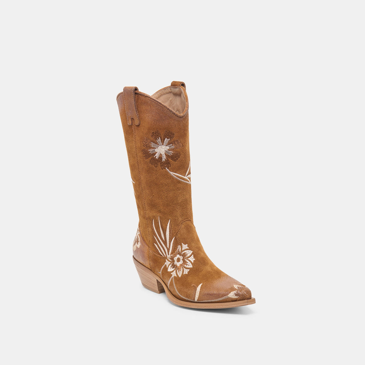 BRANDO Tan Suede Embroidered Pointed-Toe Western Boots | Dolce Vita Everyday