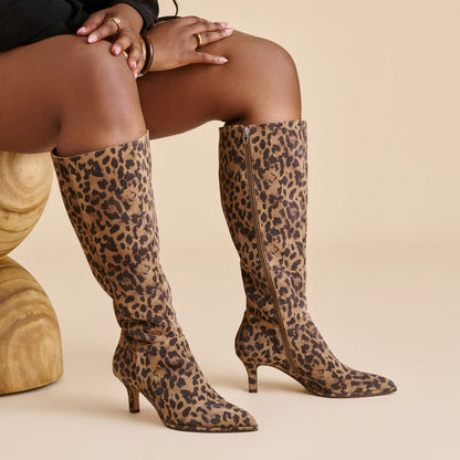 Aldy Brown Leopard Printed Suede Wide Calf Boots | Dolce Vita Signature