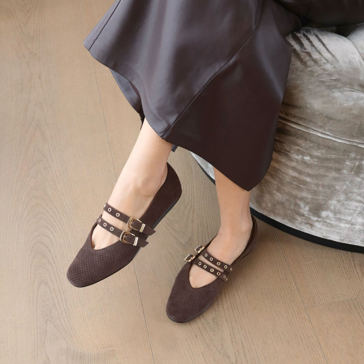 Baylee Grommet Dk Brown Perforated Suede Ballet Flats | Dolce Vita Value