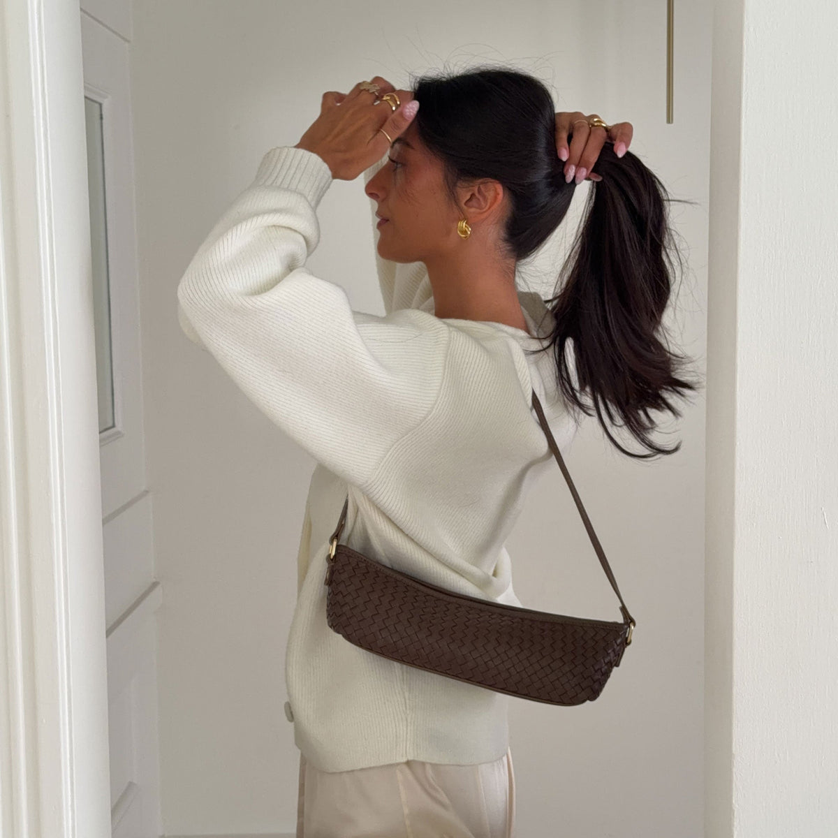 Savaii Brown Woven Leather Shoulder Bag | Dolce Vita Latest