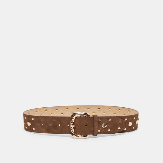Rectangle Buckle Brown Suede Gold Studded Belt | Dolce Vita Sale