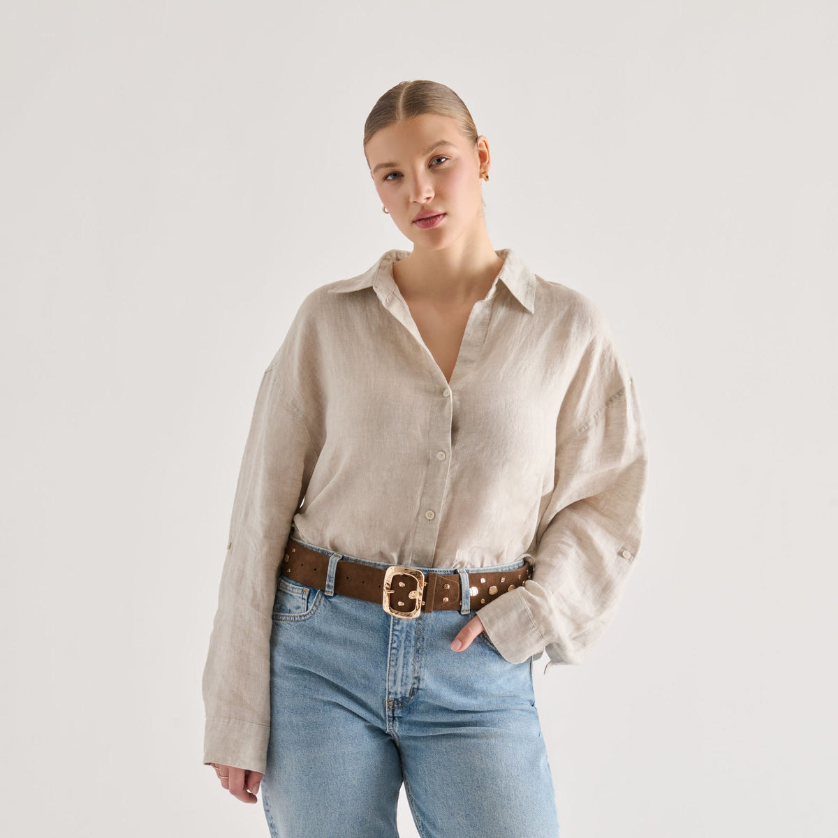 Rectangle Buckle Brown Suede Gold Studded Belt | Dolce Vita Sale