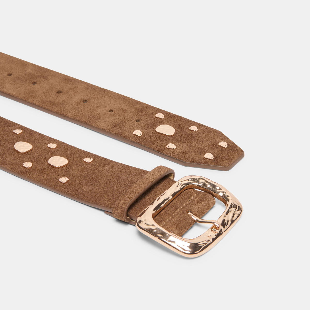 Rectangle Buckle Brown Suede Gold Studded Belt | Dolce Vita Sale
