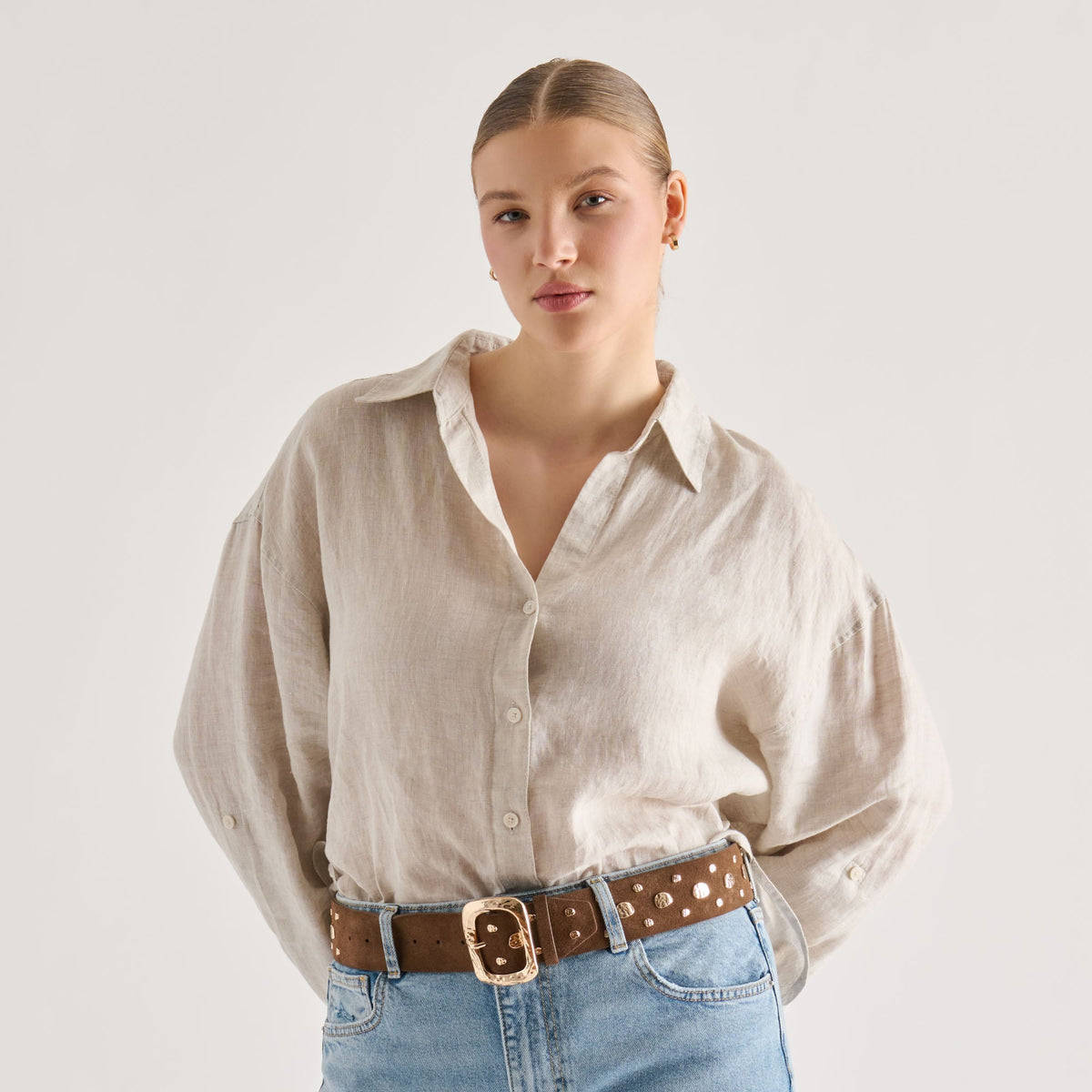 Rectangle Buckle Brown Suede Gold Studded Belt | Dolce Vita Sale