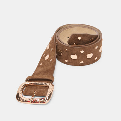 Rectangle Buckle Brown Suede Gold Studded Belt | Dolce Vita Sale