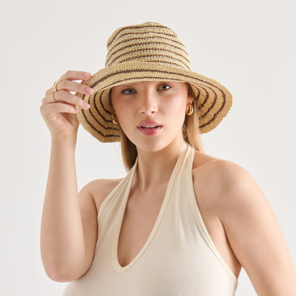Striped Brown Natural Straw Cloche | Dolce Vita Classic