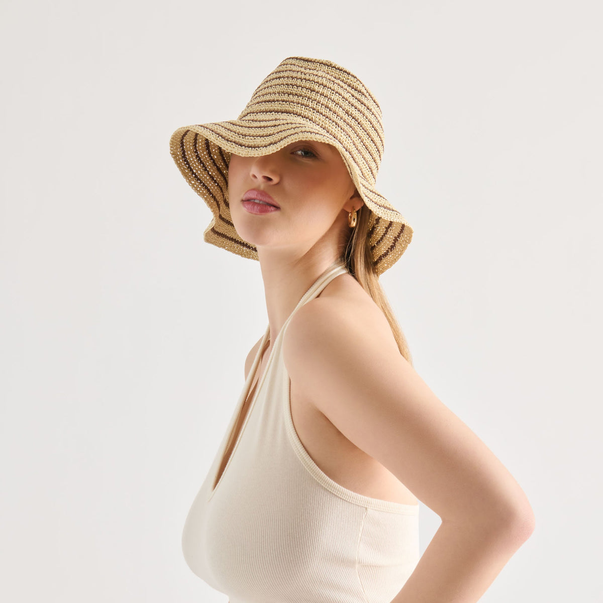 Striped Brown Natural Straw Cloche | Dolce Vita Classic