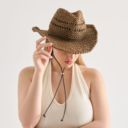 Thick Weave Dark Brown Cowboy Hat with Strap | Dolce Vita Sale