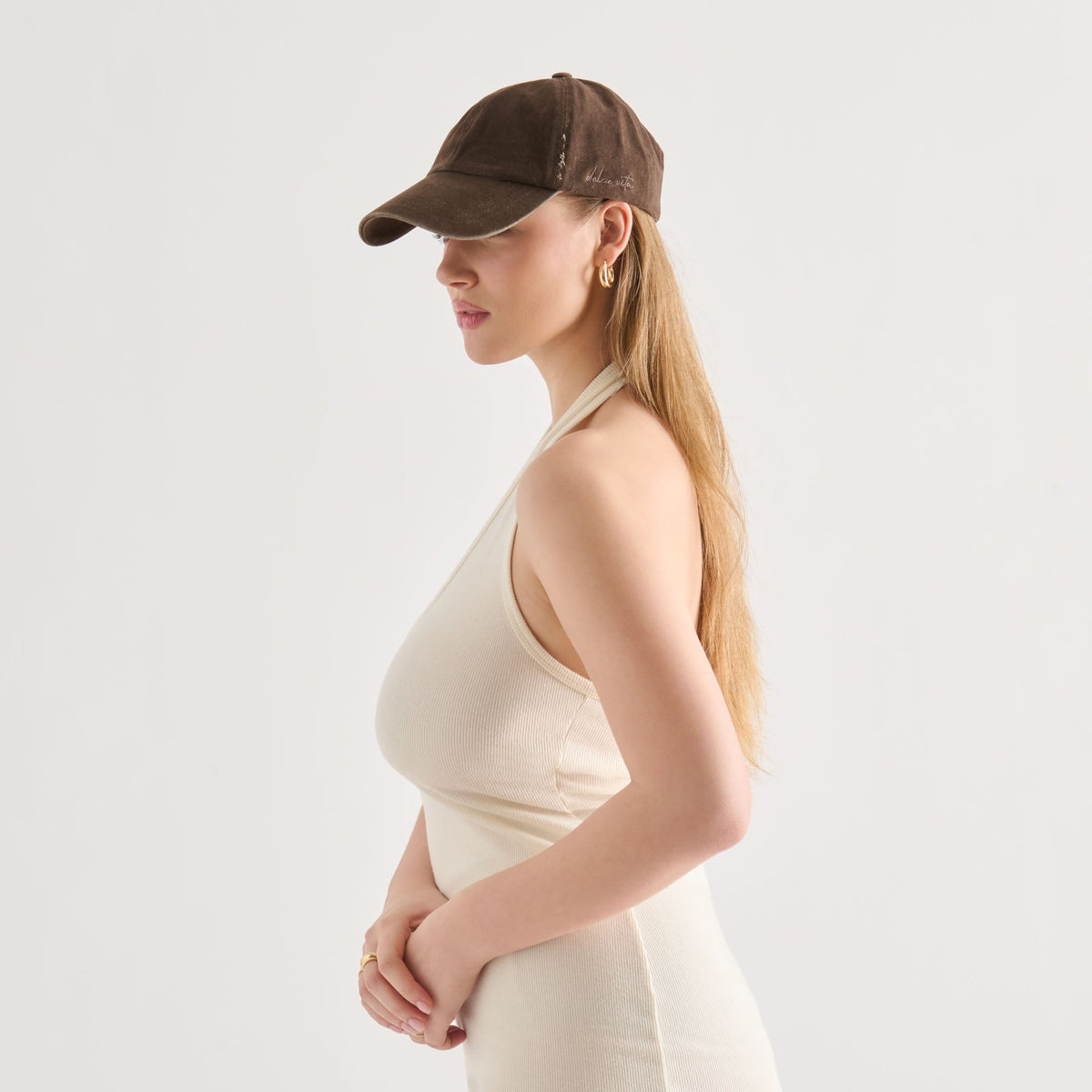 Distressed Dark Brown Baseball Cap with Embroidery | Dolce Vita Signature