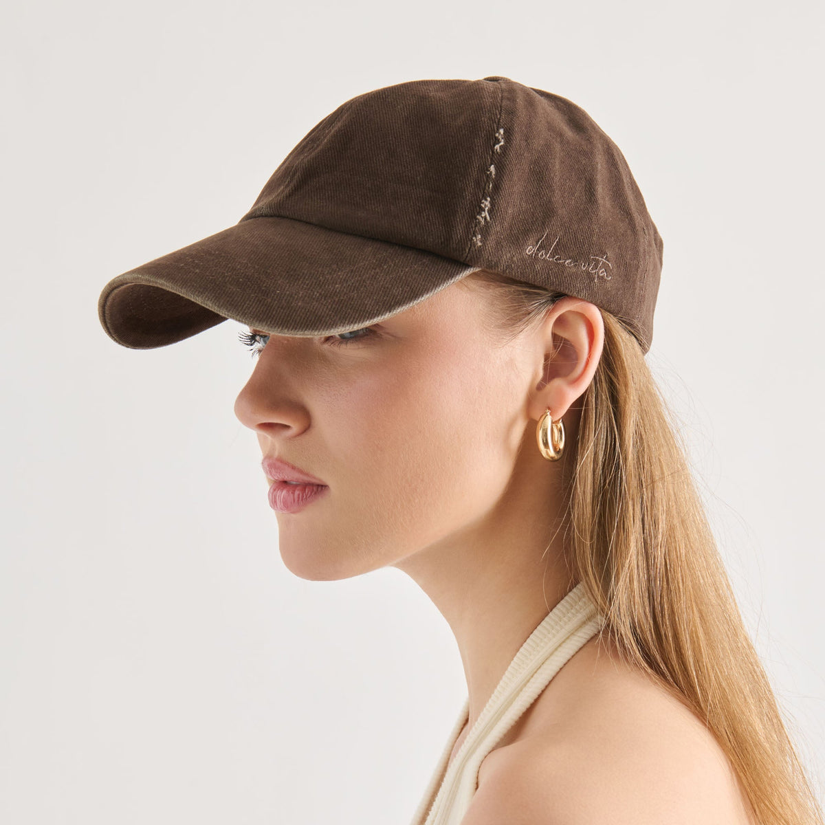 Distressed Dark Brown Baseball Cap with Embroidery | Dolce Vita Signature
