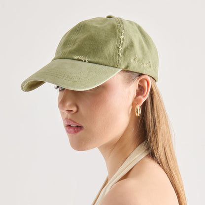 Distressed Olive Baseball Cap with Embroidery | Dolce Vita New